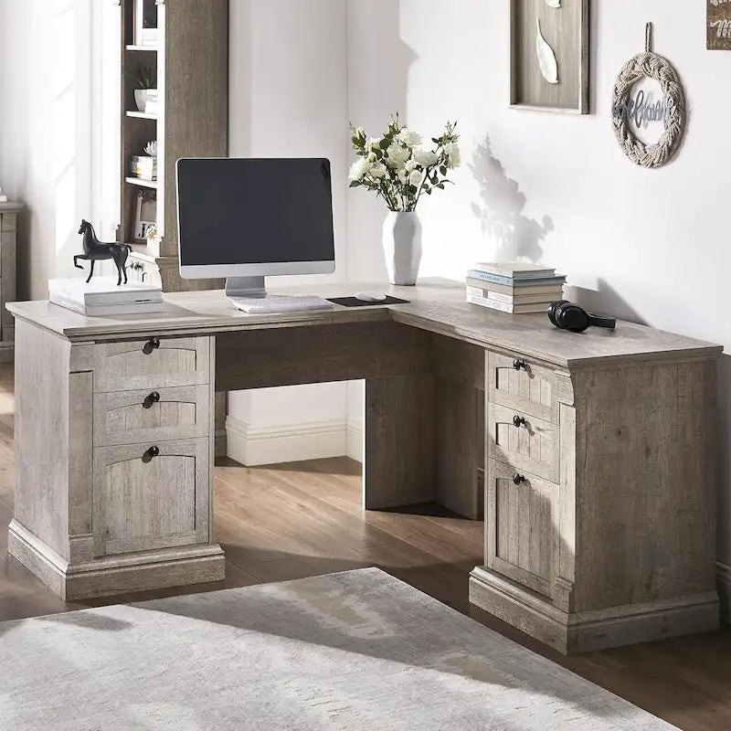 Scrivania da computer in legno stile rustico con configurazione a L, stazione di ricarica, cassetti e contenitore