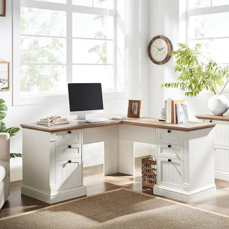 Scrivania da computer in legno stile rustico con configurazione a L, stazione di ricarica, cassetti e contenitore