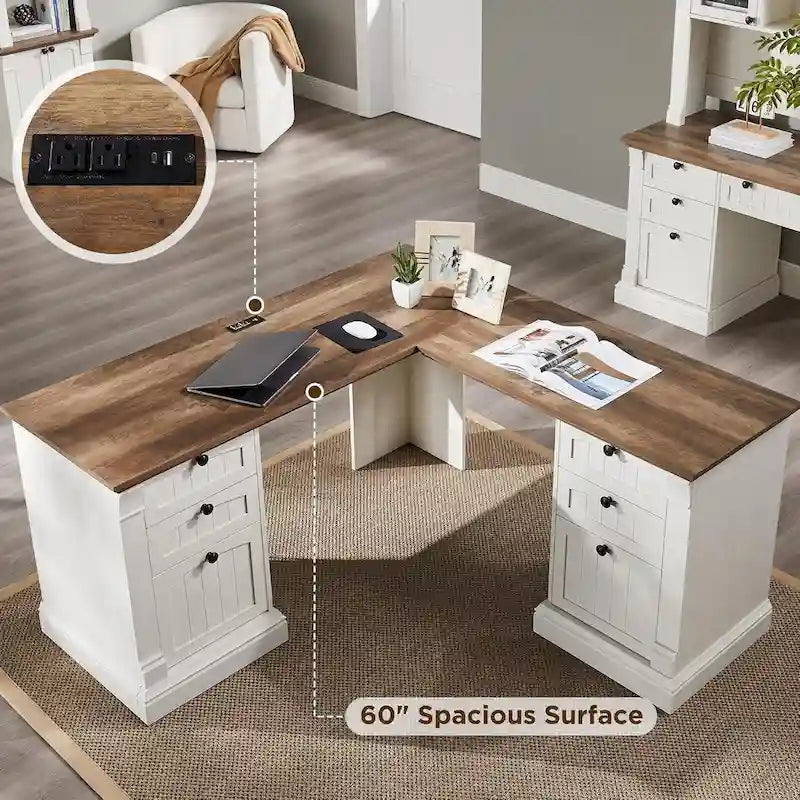 L-Shaped Farmhouse Wood Computer Desk with Charging Station Drawers Storage