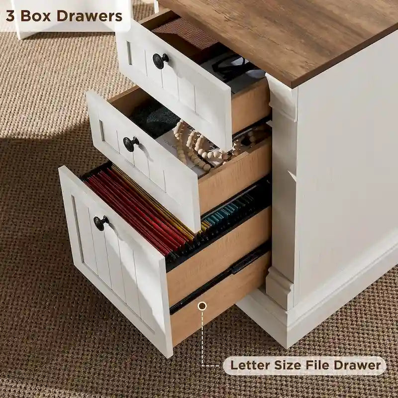 Scrivania da computer in legno stile rustico con configurazione a L, stazione di ricarica, cassetti e contenitore