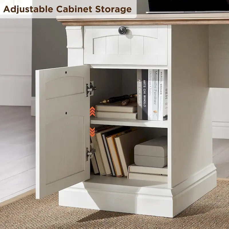 L-Shaped Farmhouse Wood Computer Desk with Charging Station Drawers Storage
