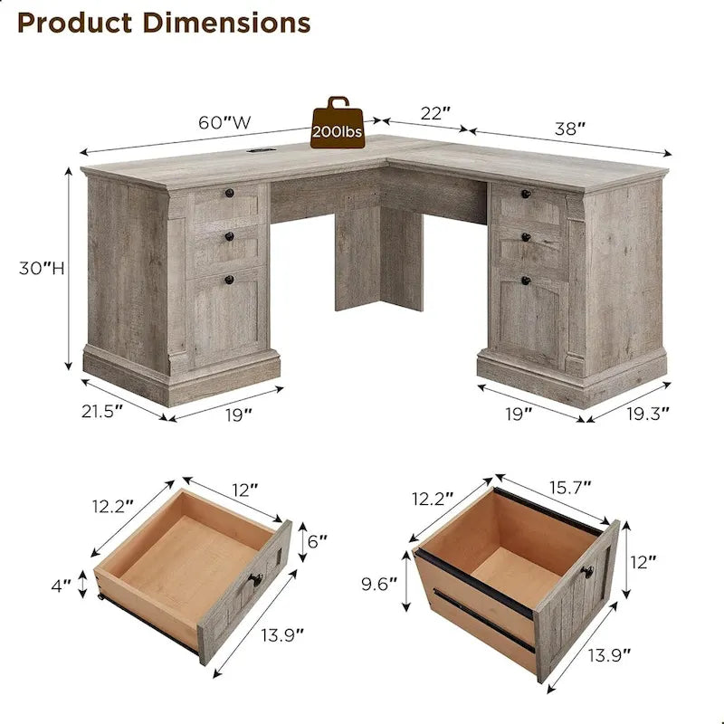 L-Shaped Farmhouse Wood Computer Desk with Charging Station Drawers Storage
