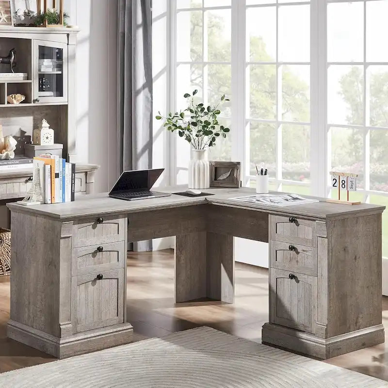 L-Shaped Farmhouse Wood Computer Desk with Charging Station Drawers Storage