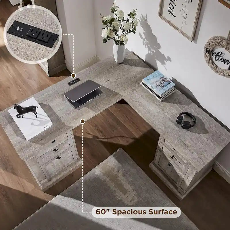 L-Shaped Farmhouse Wood Computer Desk with Charging Station Drawers Storage