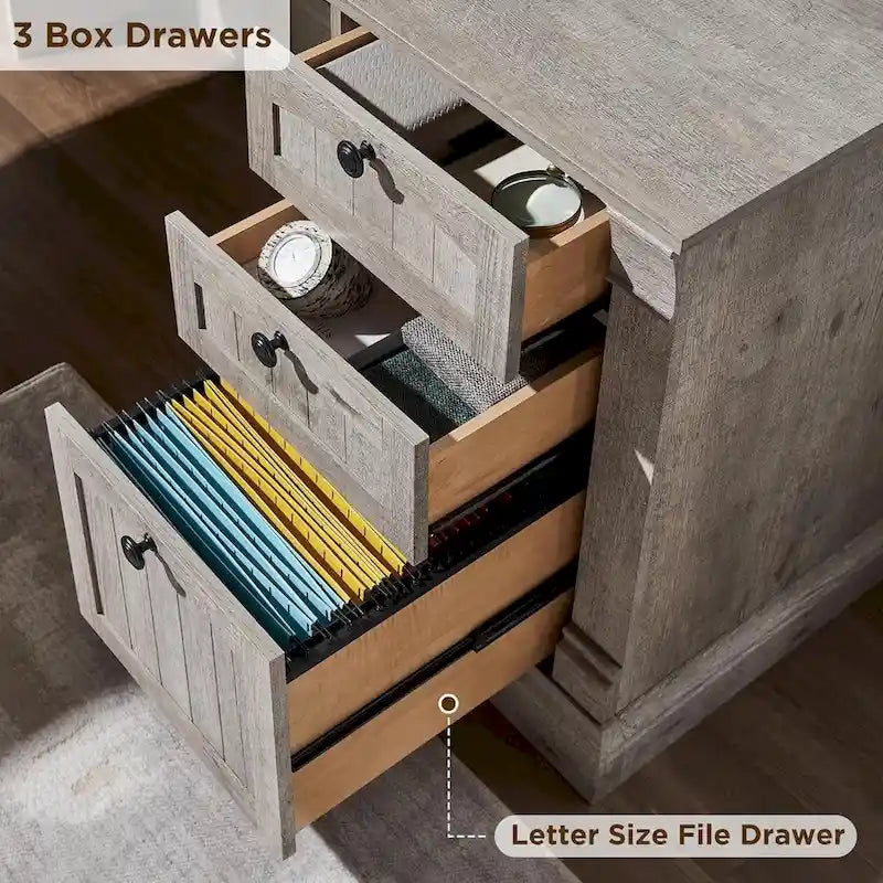 L-Shaped Farmhouse Wood Computer Desk with Charging Station Drawers Storage