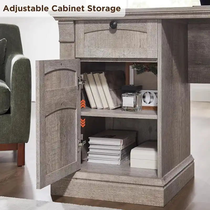L-Shaped Farmhouse Wood Computer Desk with Charging Station Drawers Storage