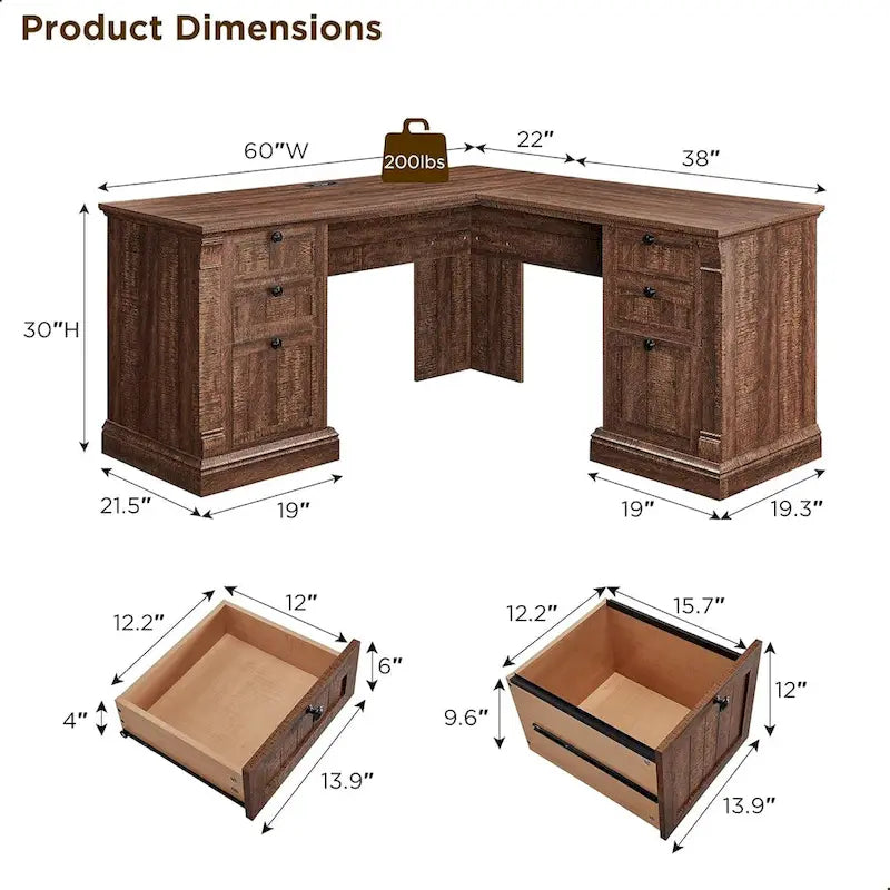 L-Shaped Farmhouse Wood Computer Desk with Charging Station Drawers Storage