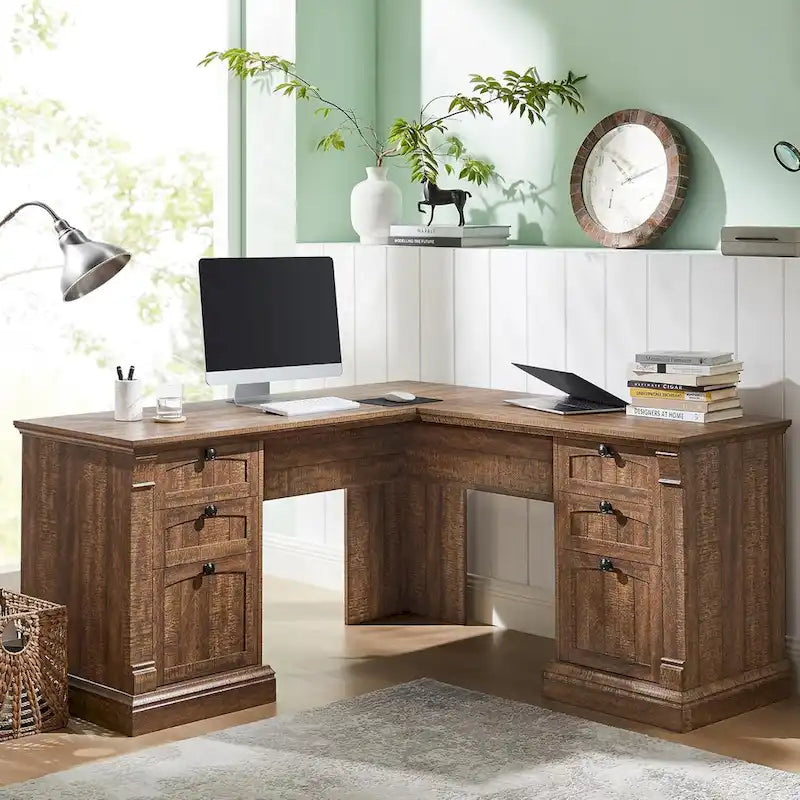 L-Shaped Farmhouse Wood Computer Desk with Charging Station Drawers Storage