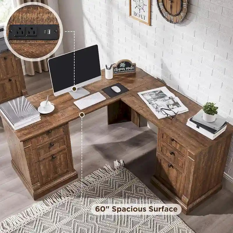 L-Shaped Farmhouse Wood Computer Desk with Charging Station Drawers Storage