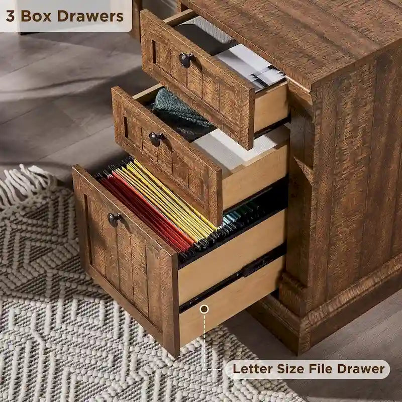 L-Shaped Farmhouse Wood Computer Desk with Charging Station Drawers Storage