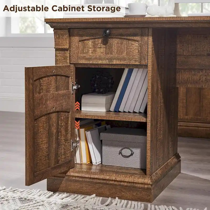 L-Shaped Farmhouse Wood Computer Desk with Charging Station Drawers Storage