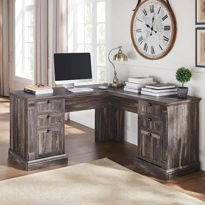 L-Shaped Farmhouse Wood Computer Desk with Charging Station Drawers Storage