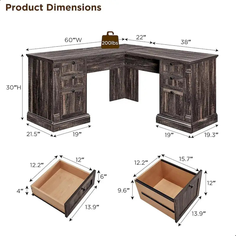 L-Shaped Farmhouse Wood Computer Desk with Charging Station Drawers Storage
