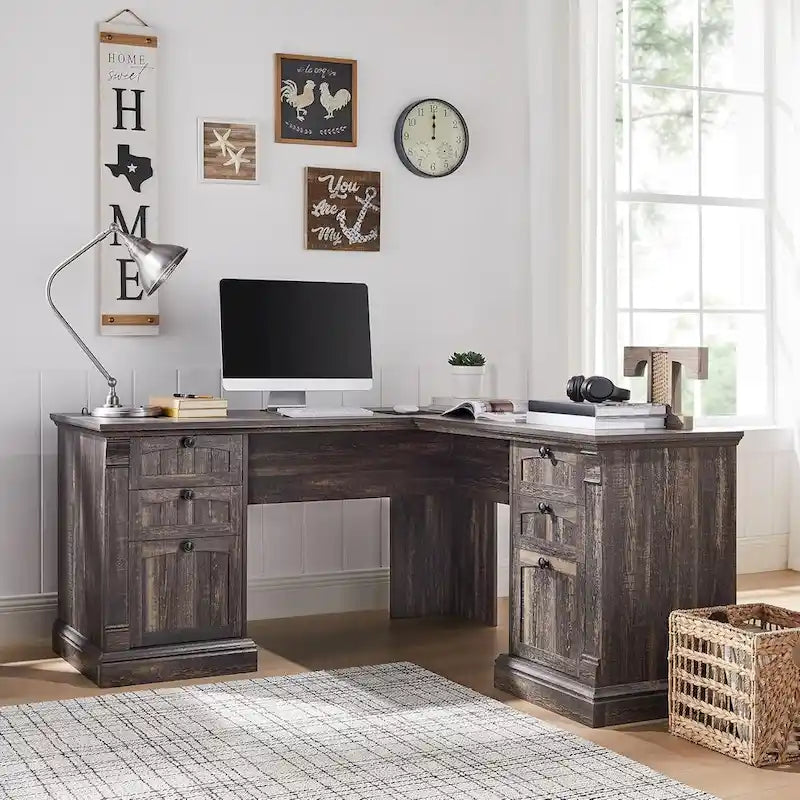L-Shaped Farmhouse Wood Computer Desk with Charging Station Drawers Storage
