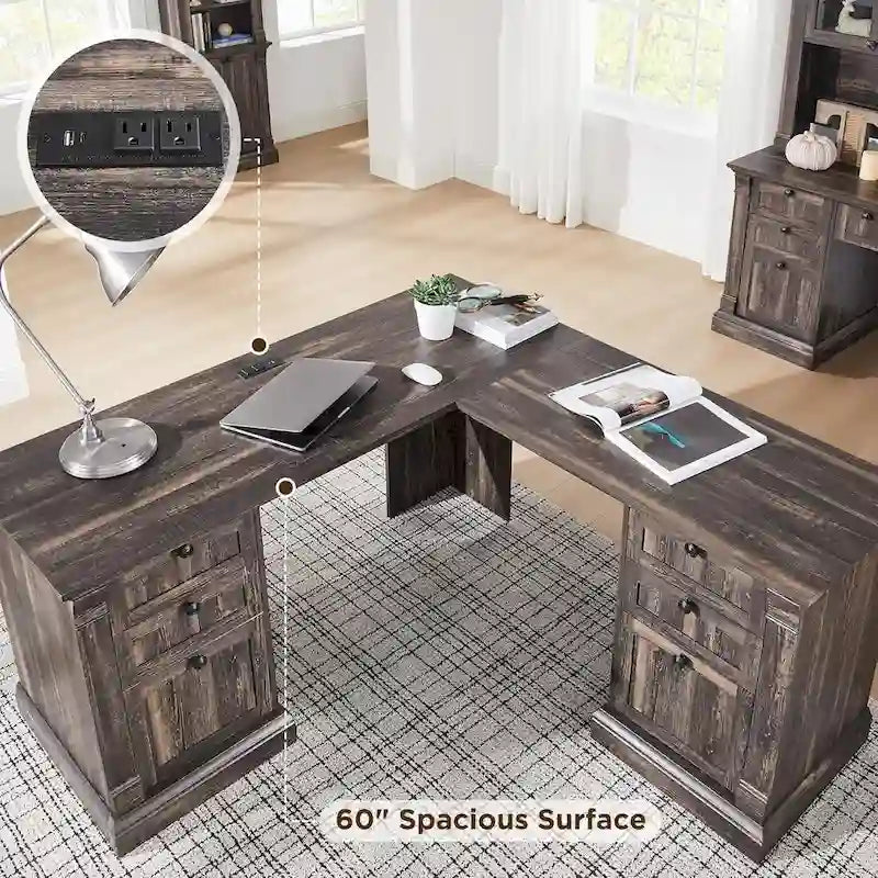 L-Shaped Farmhouse Wood Computer Desk with Charging Station Drawers Storage