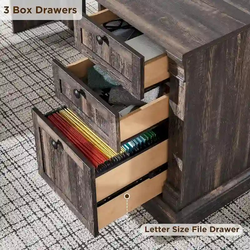 L-Shaped Farmhouse Wood Computer Desk with Charging Station Drawers Storage