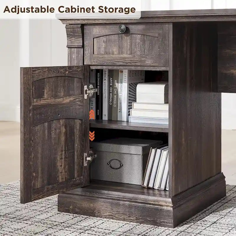 L-Shaped Farmhouse Wood Computer Desk with Charging Station Drawers Storage
