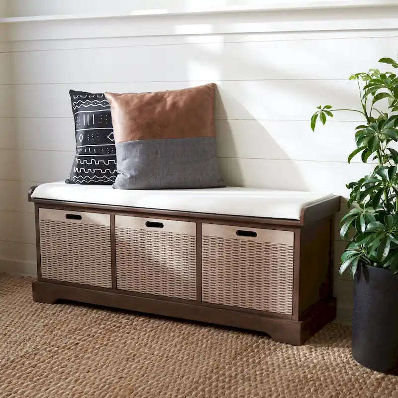 119,4-cm-Aufbewahrungsbank mit gepolsterter Oberseite und 3 Weidenkörben, Landhausstil für den Eingangsbereich