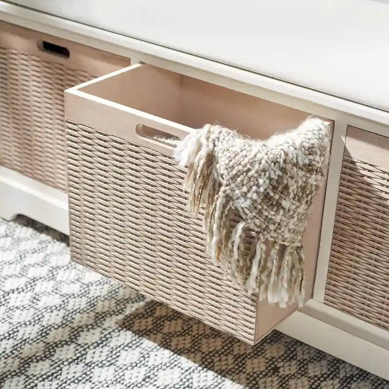 47-Inch Storage Bench Cushion Top 3 Wicker Basket Drawers Farmhouse Entryway