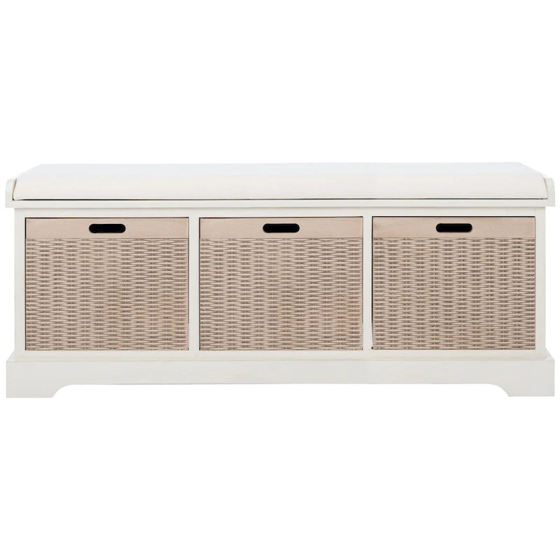 47-Inch Storage Bench Cushion Top 3 Wicker Basket Drawers Farmhouse Entryway