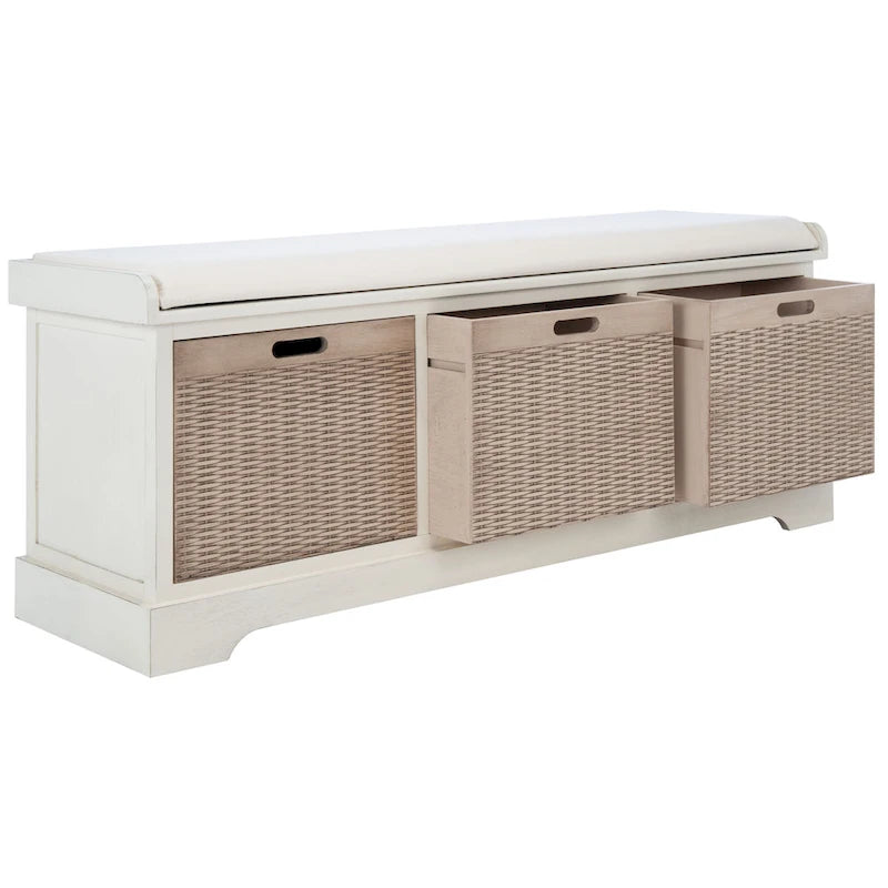 47-Inch Storage Bench Cushion Top 3 Wicker Basket Drawers Farmhouse Entryway