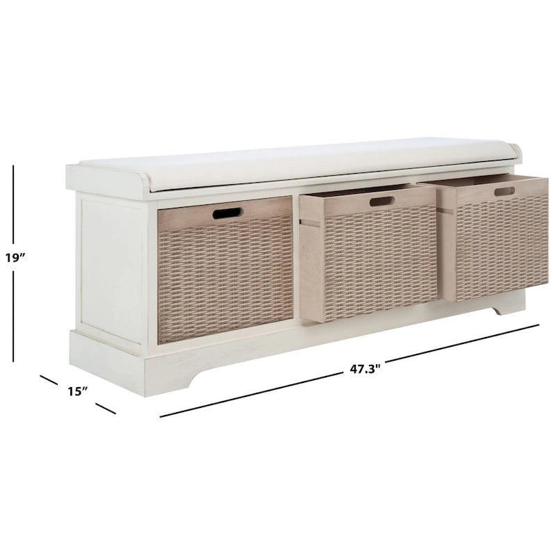 47-Inch Storage Bench Cushion Top 3 Wicker Basket Drawers Farmhouse Entryway