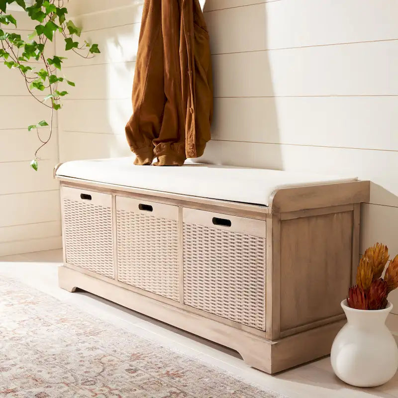 47-Inch Storage Bench Cushion Top 3 Wicker Basket Drawers Farmhouse Entryway