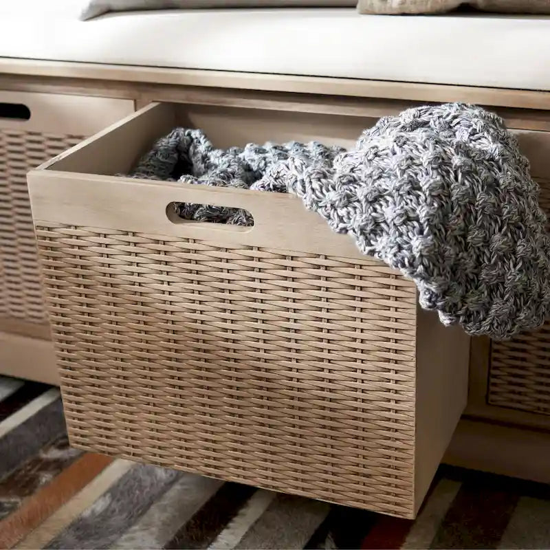 47-Inch Storage Bench Cushion Top 3 Wicker Basket Drawers Farmhouse Entryway