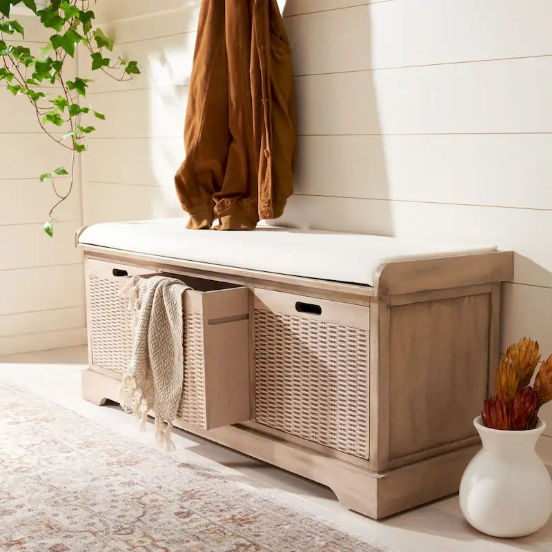 47-Inch Storage Bench Cushion Top 3 Wicker Basket Drawers Farmhouse Entryway
