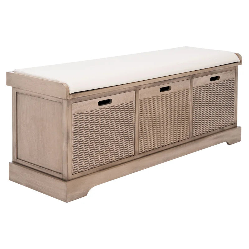 47-Inch Storage Bench Cushion Top 3 Wicker Basket Drawers Farmhouse Entryway