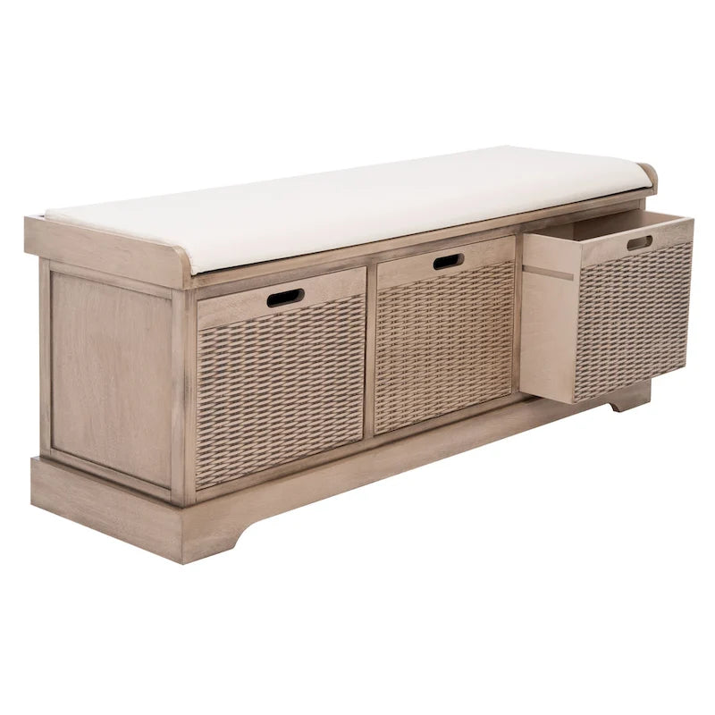 47-Inch Storage Bench Cushion Top 3 Wicker Basket Drawers Farmhouse Entryway