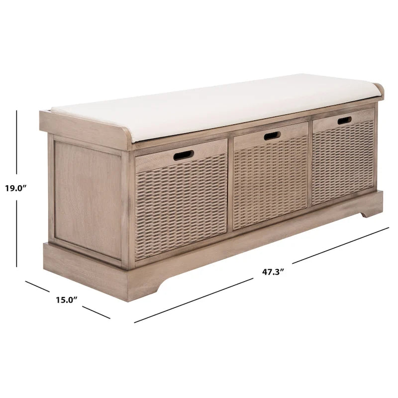 47-Inch Storage Bench Cushion Top 3 Wicker Basket Drawers Farmhouse Entryway