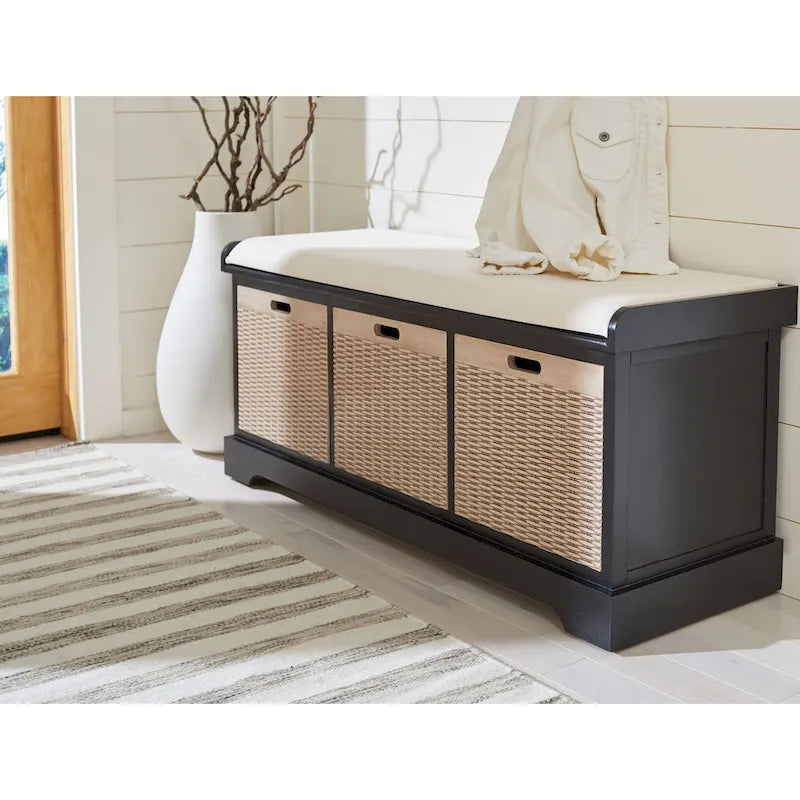 47-Inch Storage Bench Cushion Top 3 Wicker Basket Drawers Farmhouse Entryway