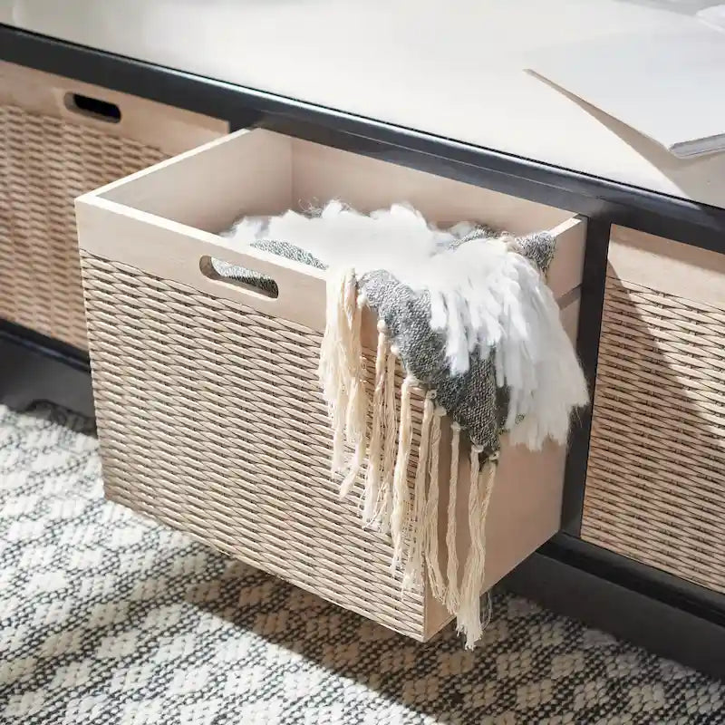 47-Inch Storage Bench Cushion Top 3 Wicker Basket Drawers Farmhouse Entryway