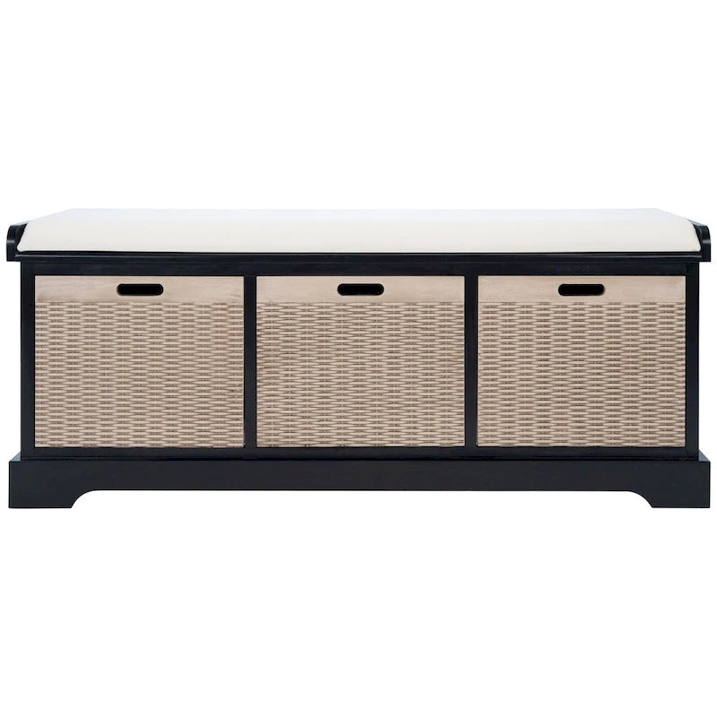 47-Inch Storage Bench Cushion Top 3 Wicker Basket Drawers Farmhouse Entryway