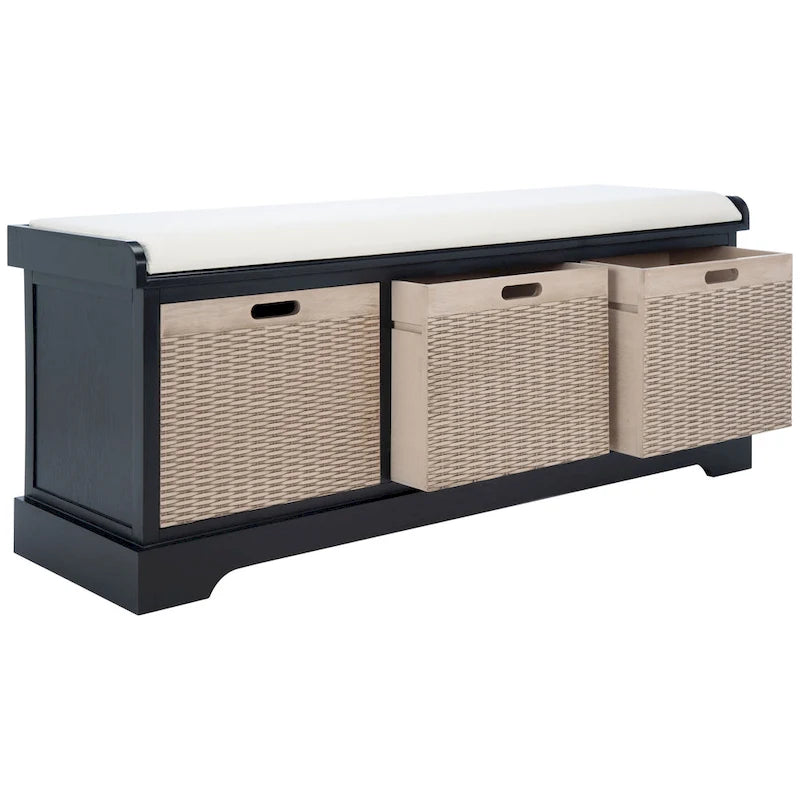 47-Inch Storage Bench Cushion Top 3 Wicker Basket Drawers Farmhouse Entryway