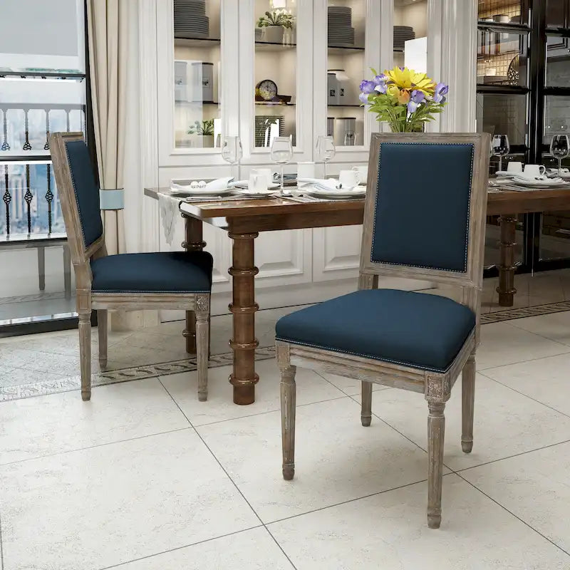 Sedia da pranzo tradizionale imbottita in tessuto, con gambe in legno effetto anticato, grigio-blu