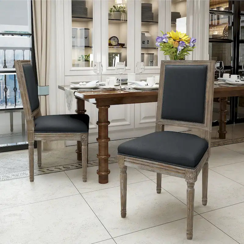 Sedia da pranzo tradizionale imbottita in tessuto, con gambe in legno effetto anticato, grigio-blu