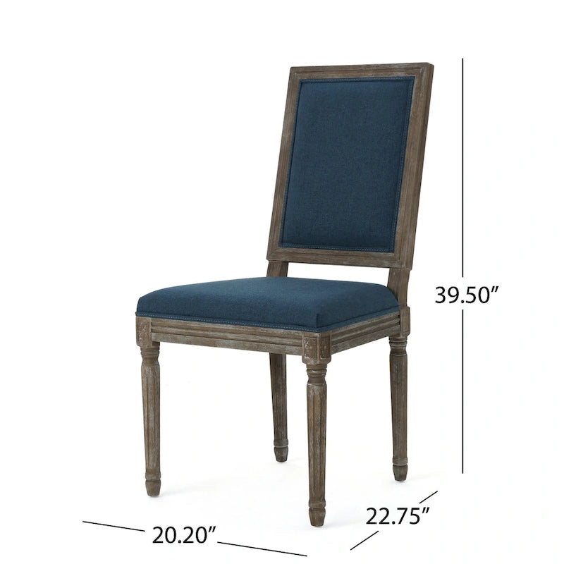 Traditional Upholstered Fabric Dining Chair Weathered Wood Legs Blue Grey