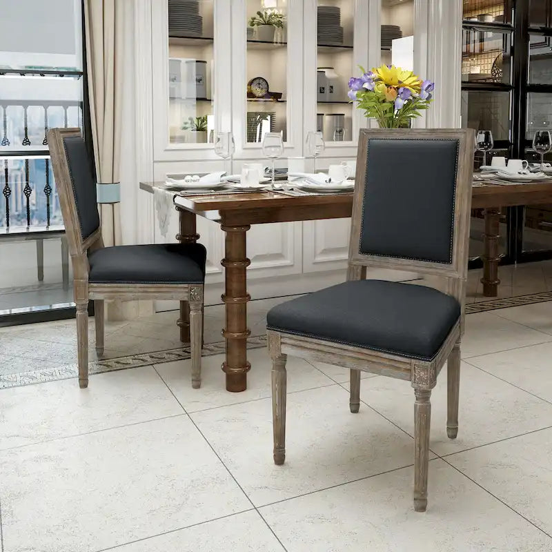 Traditional Upholstered Fabric Dining Chair Weathered Wood Legs Blue Grey