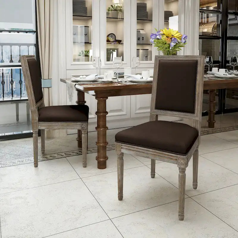 Traditional Upholstered Fabric Dining Chair Weathered Wood Legs Blue Grey