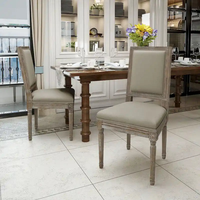 Traditional Upholstered Fabric Dining Chair Weathered Wood Legs Blue Grey