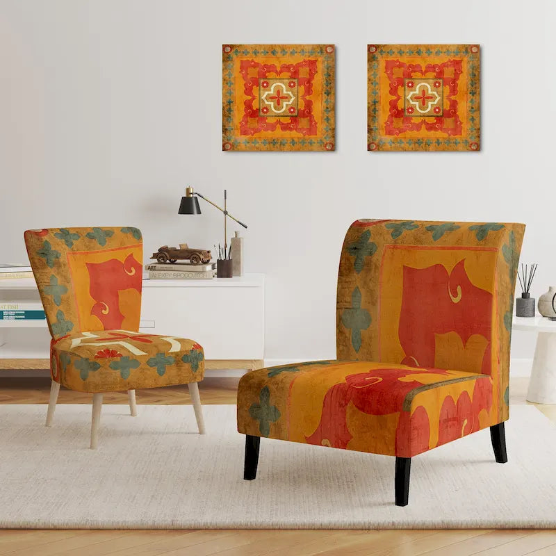 Poltrona decorativa boho con stampa di piastrelle marocchine, schienale alto, legno di gomma arancione
