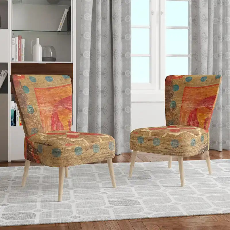 Poltrona decorativa boho con stampa di piastrelle marocchine, schienale alto, legno di gomma arancione
