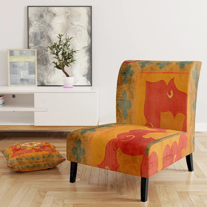 Böhmischer Akzentstuhl mit marokkanischem Fliesenmuster, hoher Rückenlehne, Kautschukholz, orange