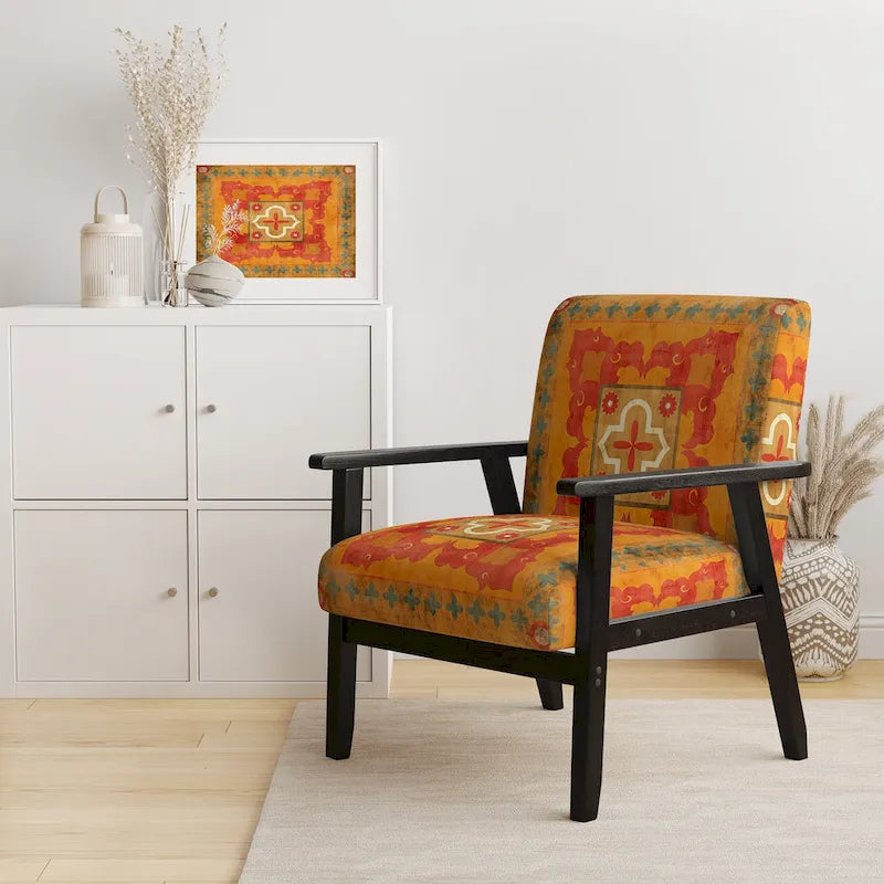 Poltrona decorativa boho con stampa di piastrelle marocchine, schienale alto, legno di gomma arancione