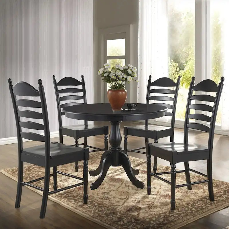 Tavolo da pranzo rotondo con base centrale, finitura anticata, legno MDF, espresso, nero e bianco