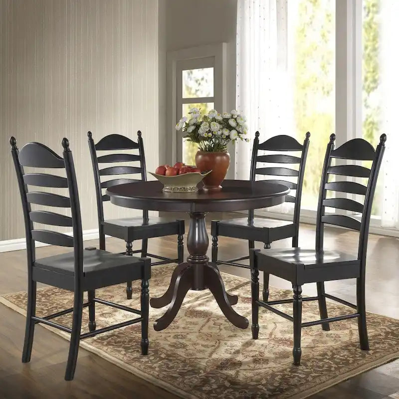 Tavolo da pranzo rotondo con base centrale, finitura anticata, legno MDF, espresso, nero e bianco