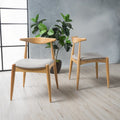 Mid-Century Upholstered Dining Chair Cow-Horn Back Rubberwood Set of 2