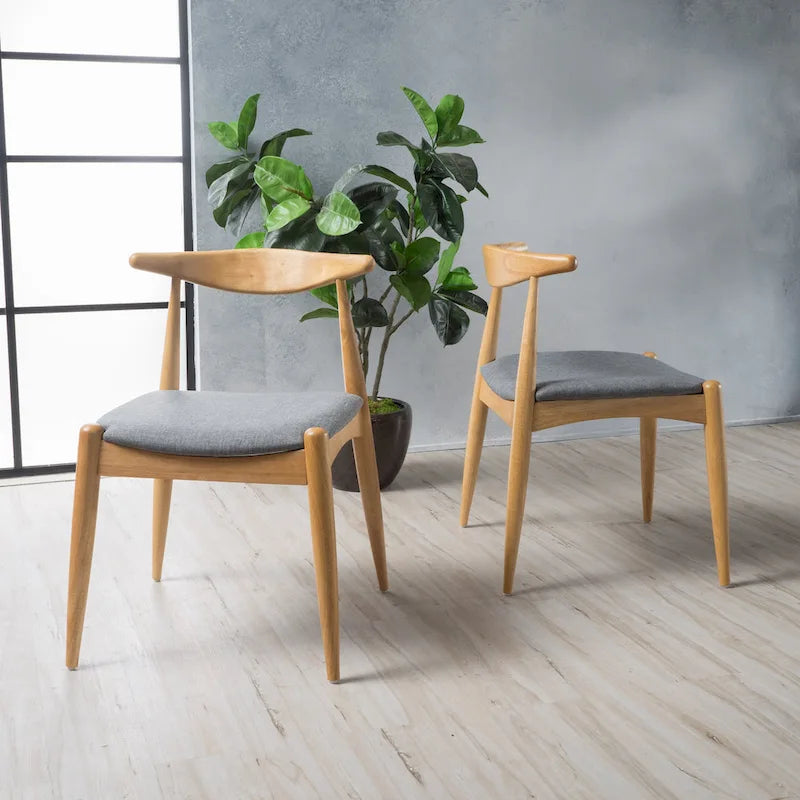 Set di 2 sedie da pranzo imbottite Mid-Century con schienale a corna di toro in legno di gomma